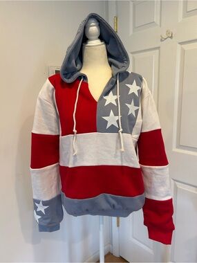 Women’s Red, White & Gray Hooded Pullover with Star Print
